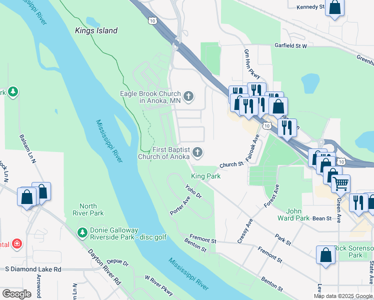 map of restaurants, bars, coffee shops, grocery stores, and more near 2610 Cutters Grove Avenue in Anoka