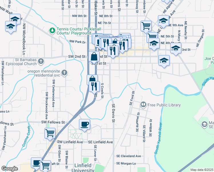 map of restaurants, bars, coffee shops, grocery stores, and more near 341 Southeast Wilson Street in McMinnville
