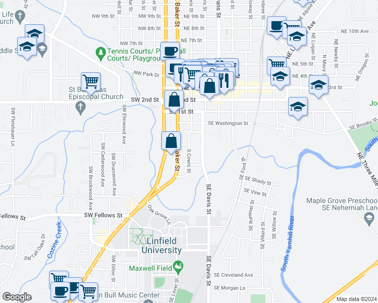 map of restaurants, bars, coffee shops, grocery stores, and more near 341 Southeast Wilson Street in McMinnville