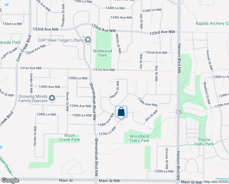 map of restaurants, bars, coffee shops, grocery stores, and more near 12937 Martin Street Northwest in Minneapolis