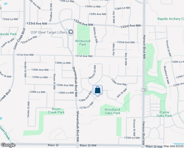 map of restaurants, bars, coffee shops, grocery stores, and more near 12937 Martin Street Northwest in Minneapolis