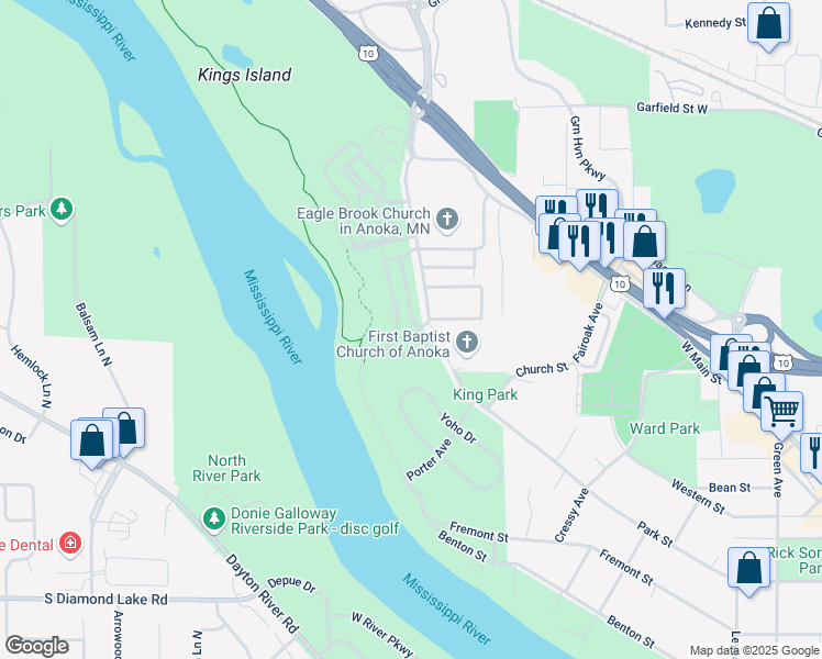 map of restaurants, bars, coffee shops, grocery stores, and more near 2705 Rivers Bluff Lane in Anoka