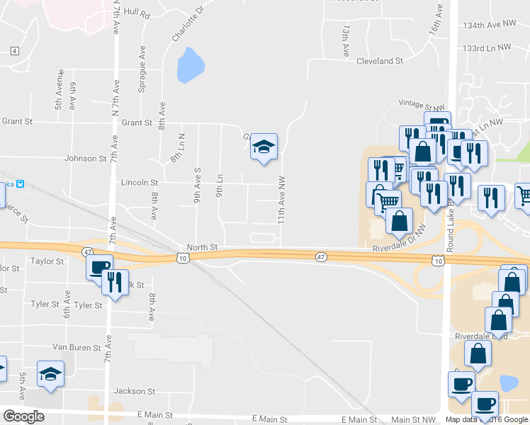 map of restaurants, bars, coffee shops, grocery stores, and more near 1036 Lincoln Street in Anoka