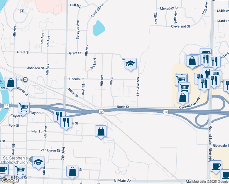 map of restaurants, bars, coffee shops, grocery stores, and more near 2710 9th Lane in Anoka