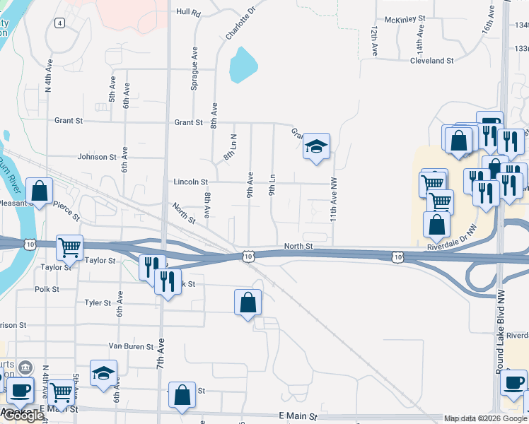 map of restaurants, bars, coffee shops, grocery stores, and more near 2733 9th Lane in Anoka