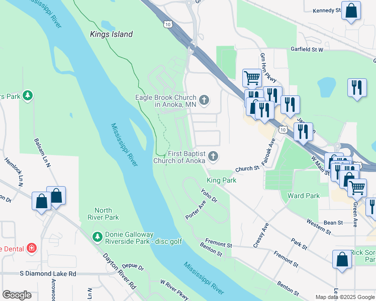 map of restaurants, bars, coffee shops, grocery stores, and more near 2705 Rivers Bluff Lane in Anoka