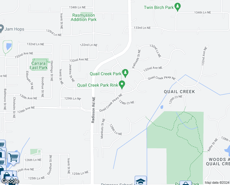 map of restaurants, bars, coffee shops, grocery stores, and more near 12959 Owatonna Street Northeast in Blaine