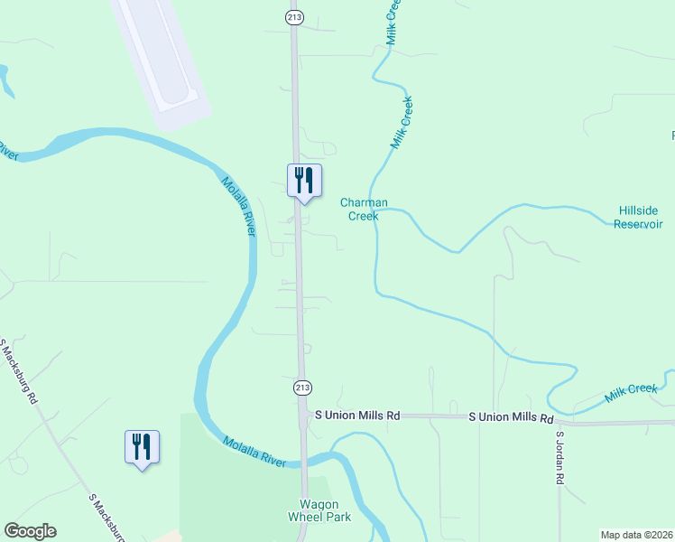 map of restaurants, bars, coffee shops, grocery stores, and more near 27688 Oregon 213 in Mulino