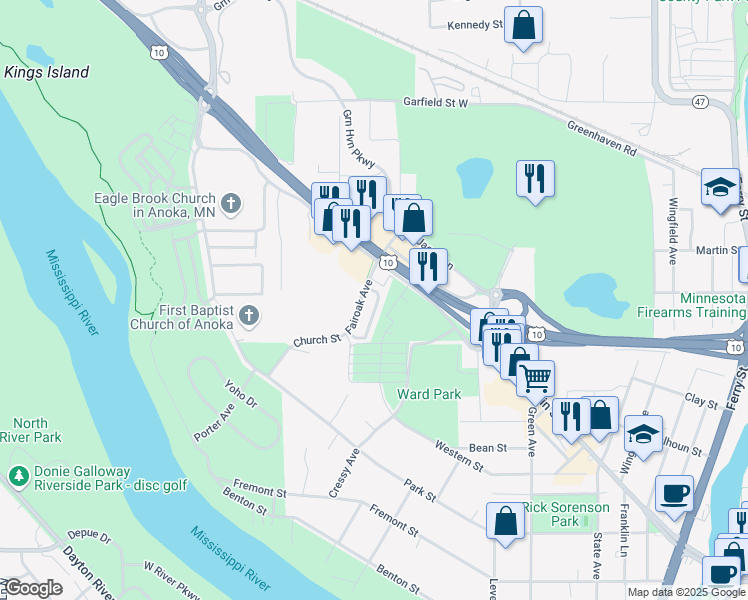 map of restaurants, bars, coffee shops, grocery stores, and more near 2621 Fairoak Avenue in Anoka