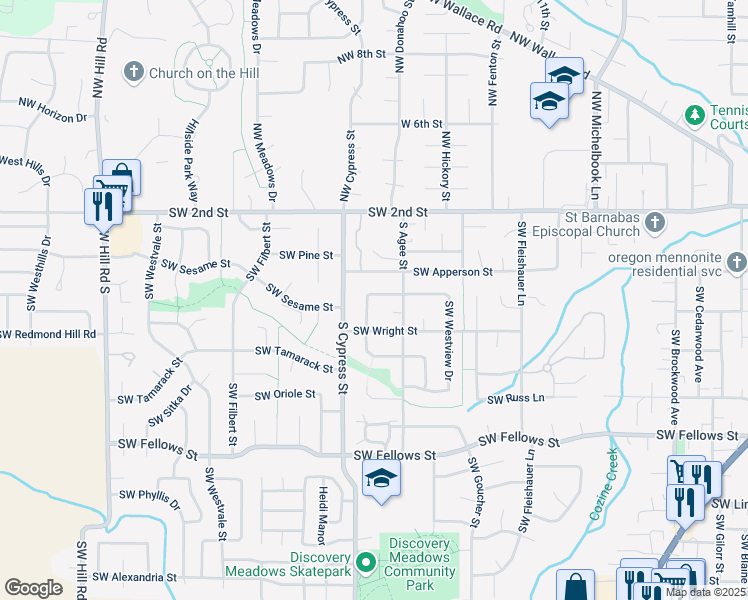 map of restaurants, bars, coffee shops, grocery stores, and more near 1672 Southwest Apperson Street in McMinnville