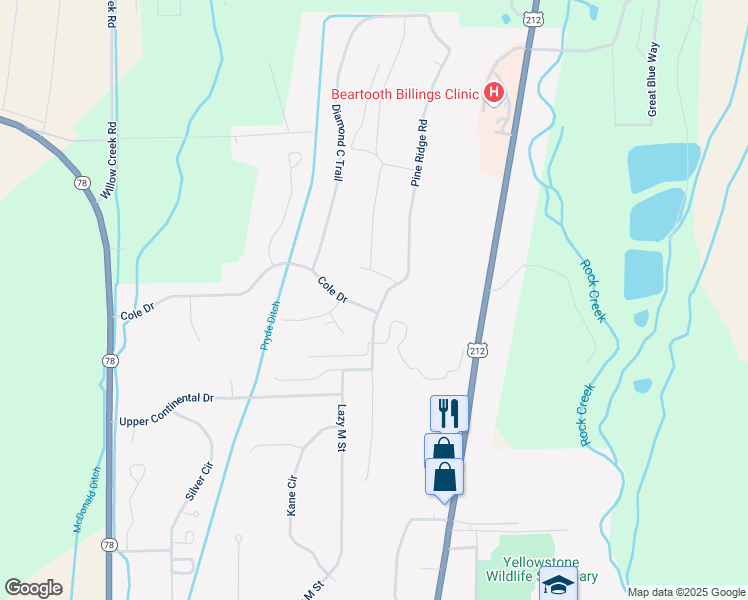 map of restaurants, bars, coffee shops, grocery stores, and more near 1401 Pine Ridge Road in Red Lodge