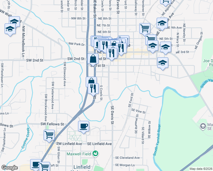map of restaurants, bars, coffee shops, grocery stores, and more near 322 Southeast Cowls Street in McMinnville