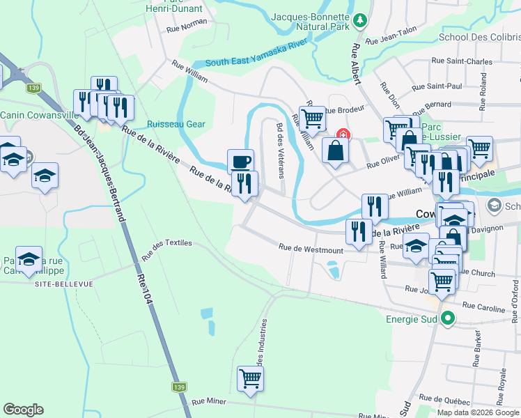 map of restaurants, bars, coffee shops, grocery stores, and more near 361 Rue de la Rivière in Cowansville