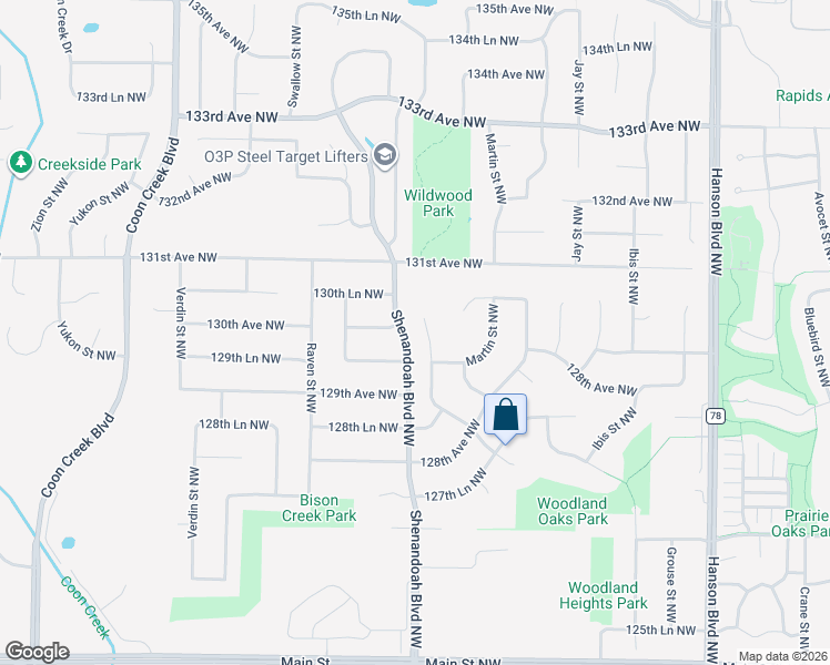 map of restaurants, bars, coffee shops, grocery stores, and more near 13028 Nightingale Street Northwest in Minneapolis