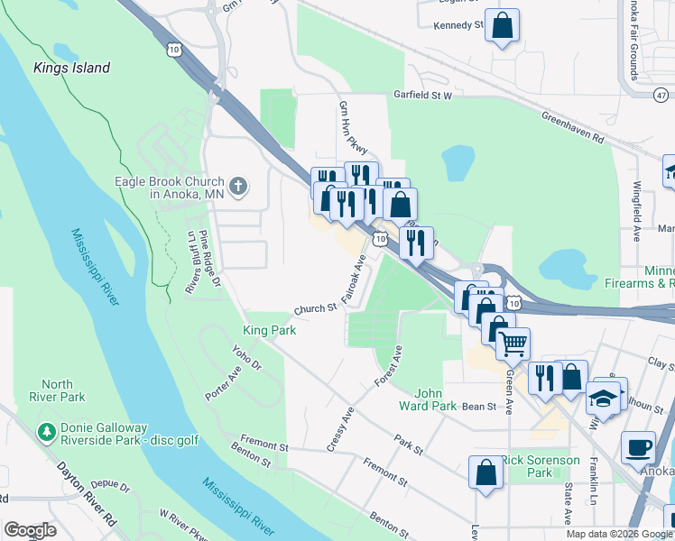 map of restaurants, bars, coffee shops, grocery stores, and more near 820 West Main Street in Anoka