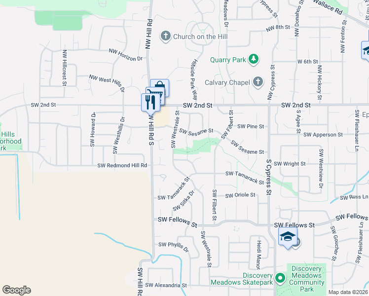 map of restaurants, bars, coffee shops, grocery stores, and more near 375 Southwest Huckleberry Court in McMinnville