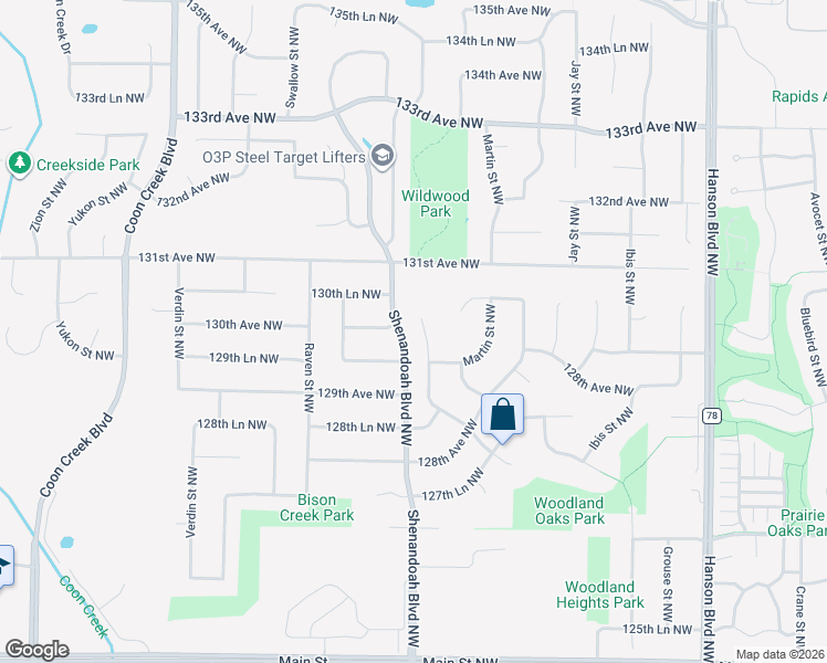 map of restaurants, bars, coffee shops, grocery stores, and more near 13028 Nightingale Street Northwest in Minneapolis