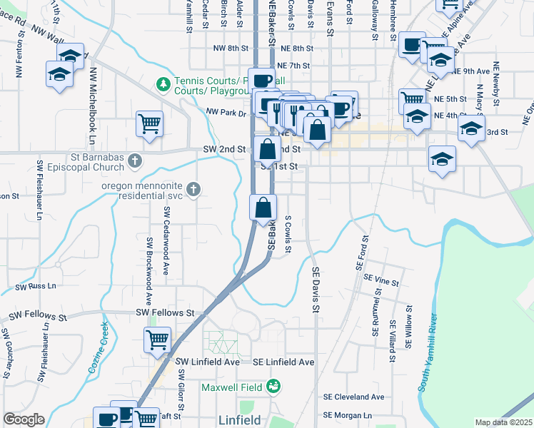 map of restaurants, bars, coffee shops, grocery stores, and more near 330 Southeast Baker Street in McMinnville