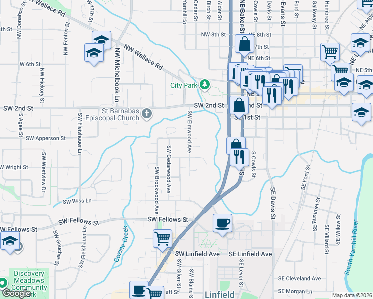 map of restaurants, bars, coffee shops, grocery stores, and more near 405 Southwest Elmwood Avenue in McMinnville