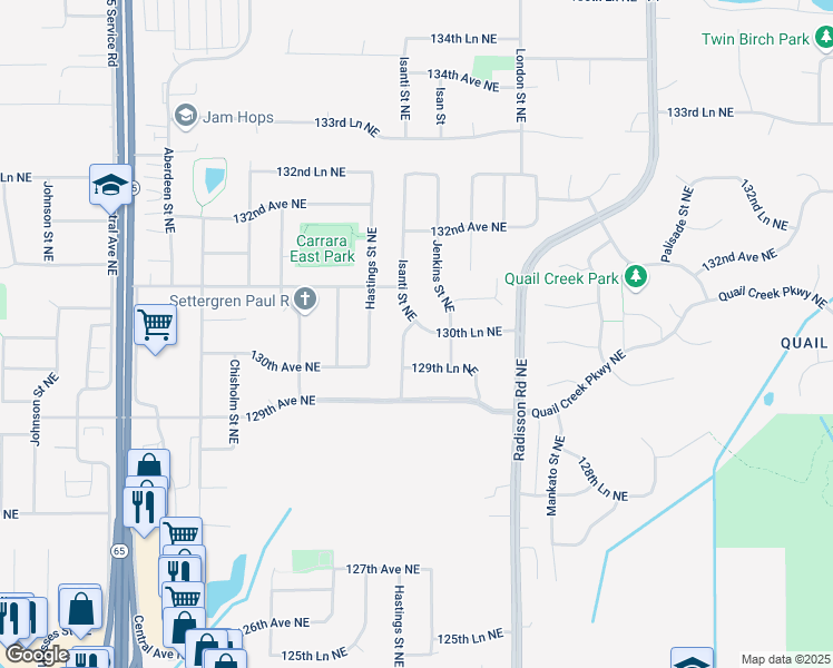 map of restaurants, bars, coffee shops, grocery stores, and more near 13064 Isanti Street Northeast in Blaine