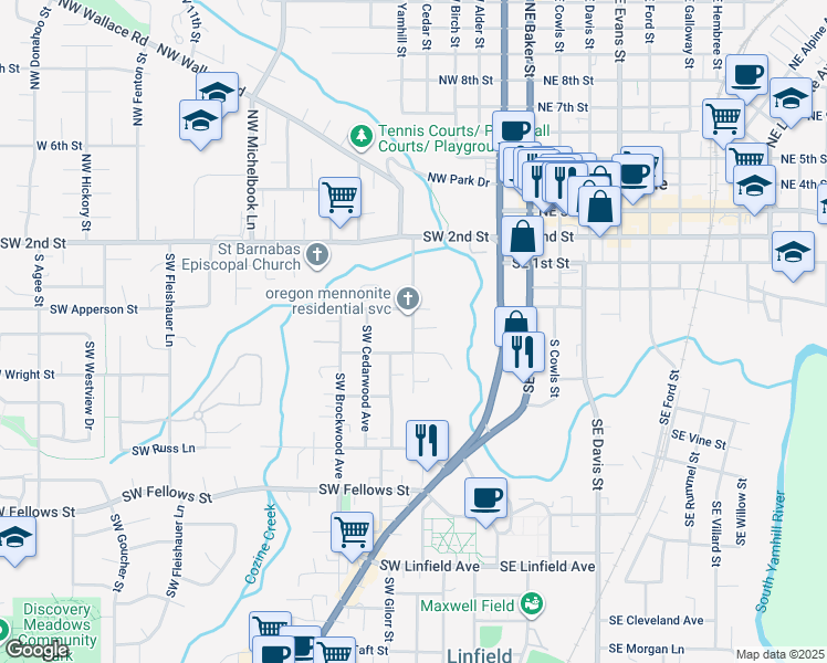 map of restaurants, bars, coffee shops, grocery stores, and more near 316 Southwest Elmwood Avenue in McMinnville
