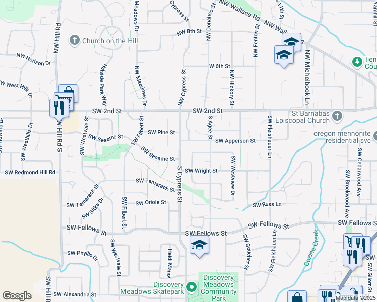 map of restaurants, bars, coffee shops, grocery stores, and more near 1672 Southwest Apperson Street in McMinnville