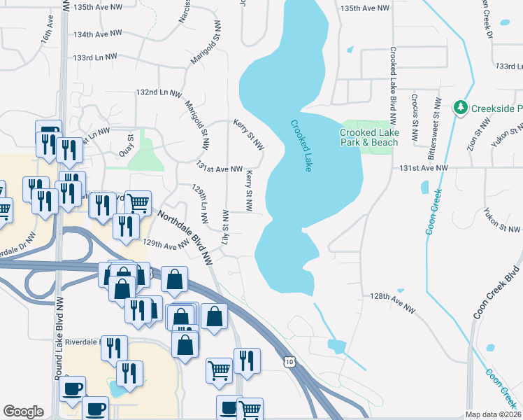 map of restaurants, bars, coffee shops, grocery stores, and more near 13011 Kerry Street Northwest in Minneapolis