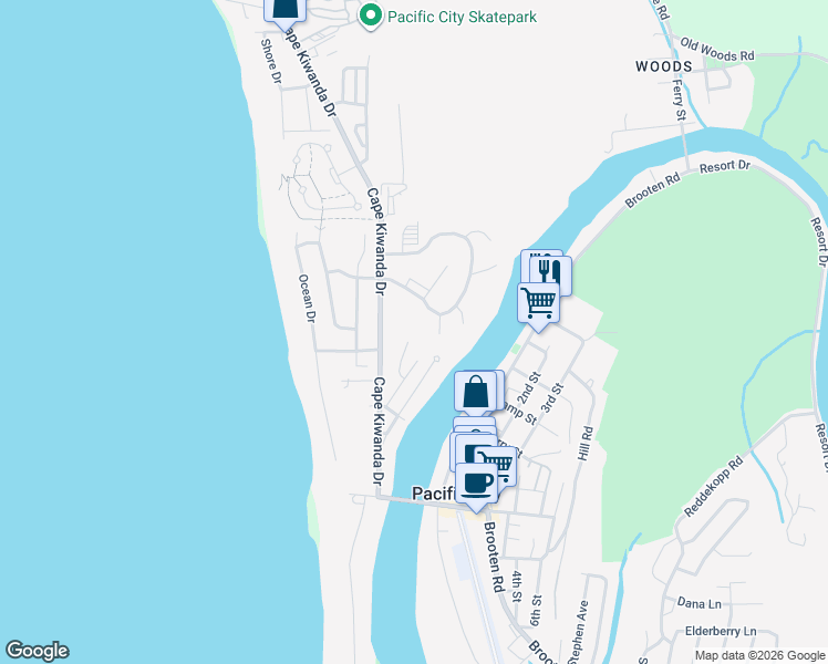 map of restaurants, bars, coffee shops, grocery stores, and more near 34505 Williams Avenue in Pacific City
