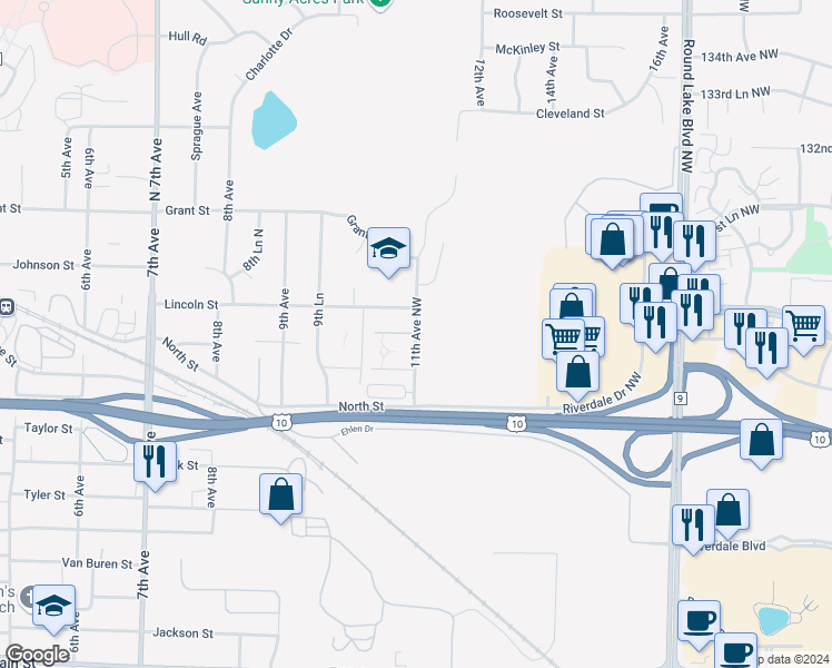 map of restaurants, bars, coffee shops, grocery stores, and more near 2772 11th Avenue Northwest in Anoka