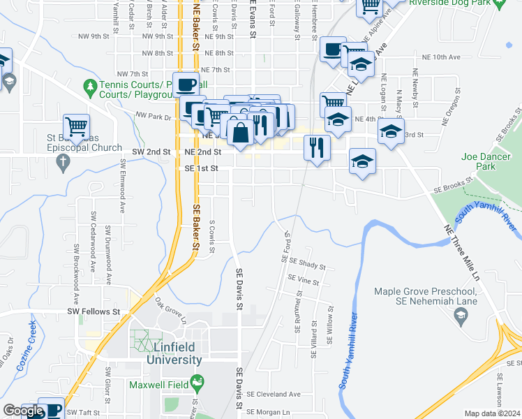 map of restaurants, bars, coffee shops, grocery stores, and more near 230 Southeast Evans Street in McMinnville