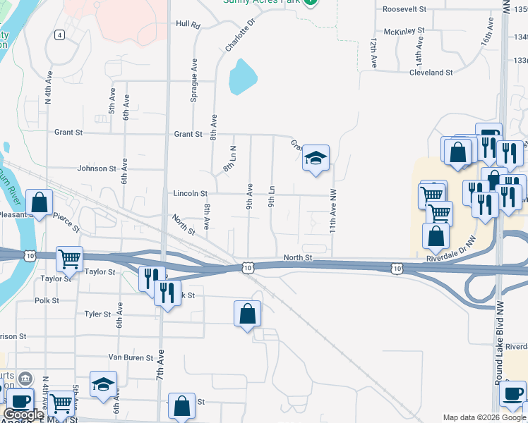 map of restaurants, bars, coffee shops, grocery stores, and more near 2733 9th Lane in Anoka