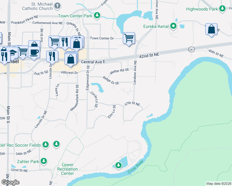 map of restaurants, bars, coffee shops, grocery stores, and more near 3773 Larabee Avenue Northeast in Saint Michael