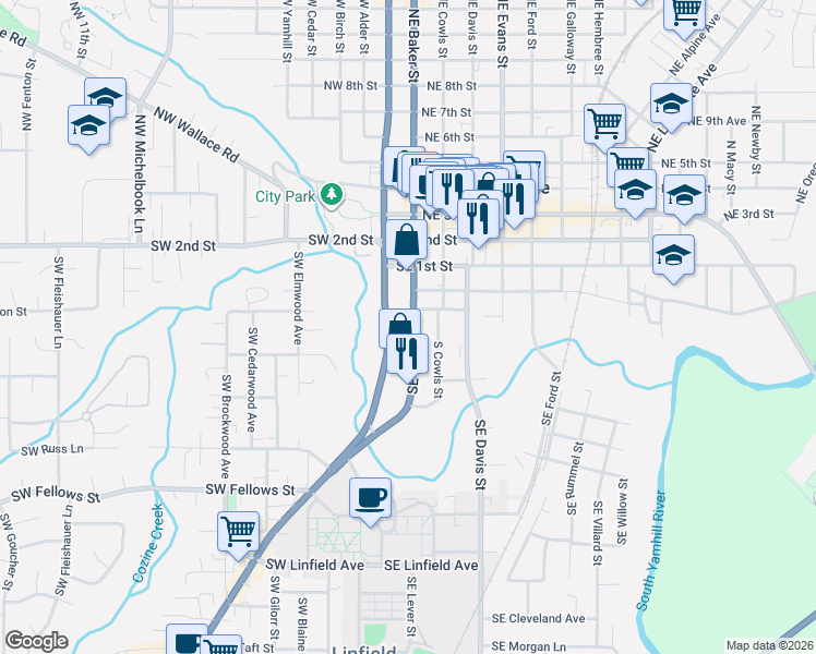map of restaurants, bars, coffee shops, grocery stores, and more near 330 Southeast Baker Street in McMinnville