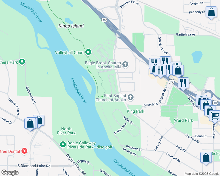 map of restaurants, bars, coffee shops, grocery stores, and more near 2705 Rivers Bluff Lane in Anoka