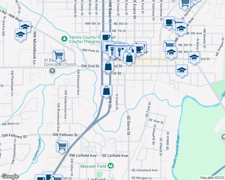 map of restaurants, bars, coffee shops, grocery stores, and more near 330 Southeast Baker Street in McMinnville