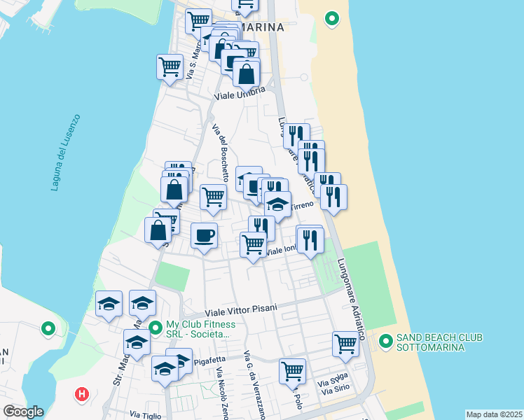 map of restaurants, bars, coffee shops, grocery stores, and more near 86 Viale Tirreno in Chioggia