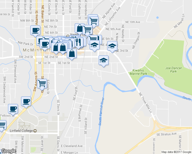 map of restaurants, bars, coffee shops, grocery stores, and more near 223 Southeast Clay Street in McMinnville