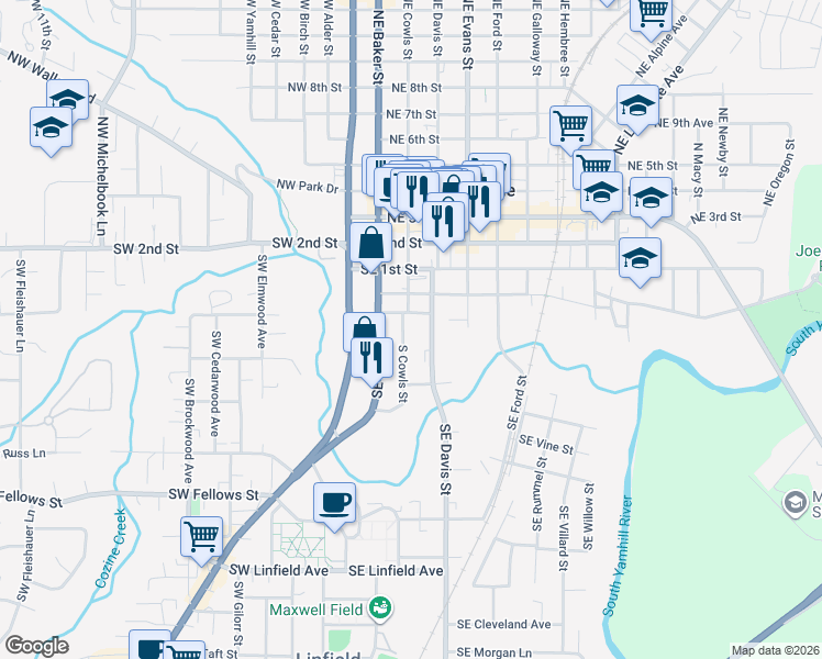 map of restaurants, bars, coffee shops, grocery stores, and more near 322 Southeast Cowls Street in McMinnville