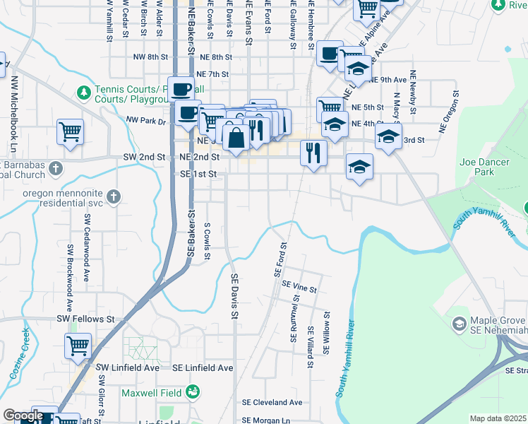map of restaurants, bars, coffee shops, grocery stores, and more near 230 Southeast Evans Street in McMinnville