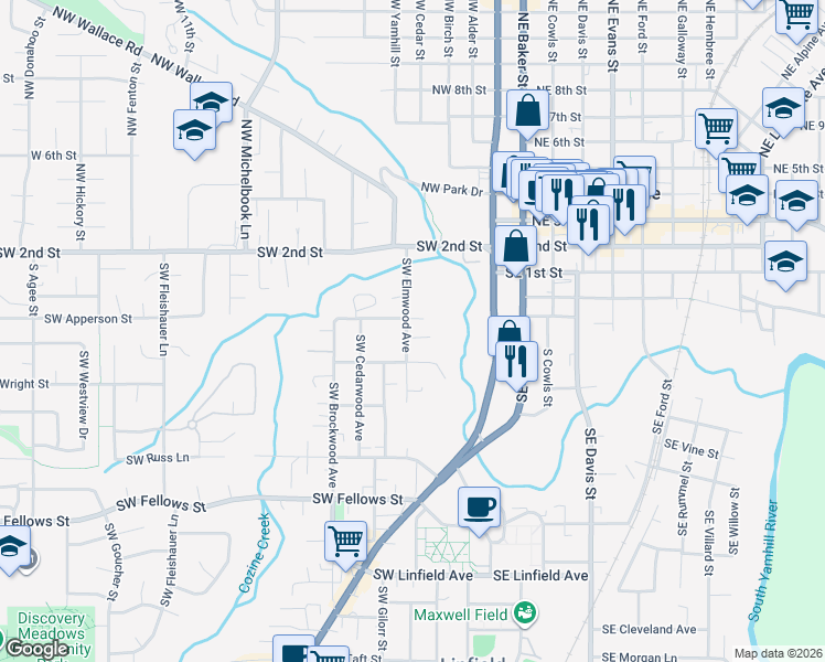 map of restaurants, bars, coffee shops, grocery stores, and more near 316 Southwest Elmwood Avenue in McMinnville