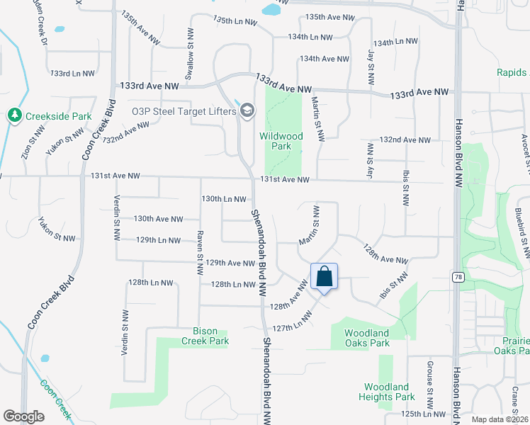 map of restaurants, bars, coffee shops, grocery stores, and more near 13028 Nightingale Street Northwest in Minneapolis