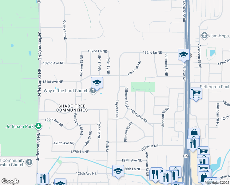 map of restaurants, bars, coffee shops, grocery stores, and more near 13026 Taylor Street Northeast in Blaine