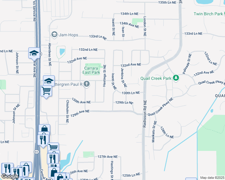 map of restaurants, bars, coffee shops, grocery stores, and more near 13064 Isanti Street Northeast in Blaine