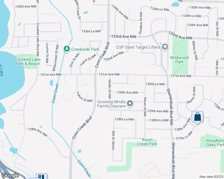map of restaurants, bars, coffee shops, grocery stores, and more near 2391 130th Avenue Northwest in Minneapolis