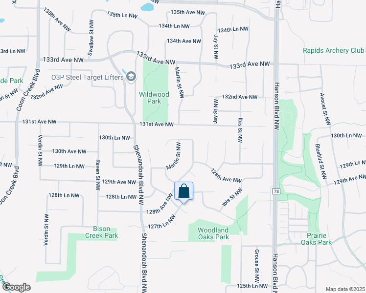 map of restaurants, bars, coffee shops, grocery stores, and more near 13035 Martin Street Northwest in Minneapolis