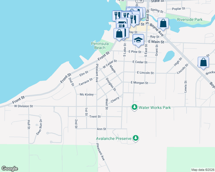 map of restaurants, bars, coffee shops, grocery stores, and more near 800-898 Douglas Street in Boyne City