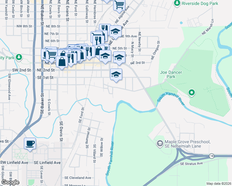 map of restaurants, bars, coffee shops, grocery stores, and more near 310 Southeast Dayton Avenue in McMinnville