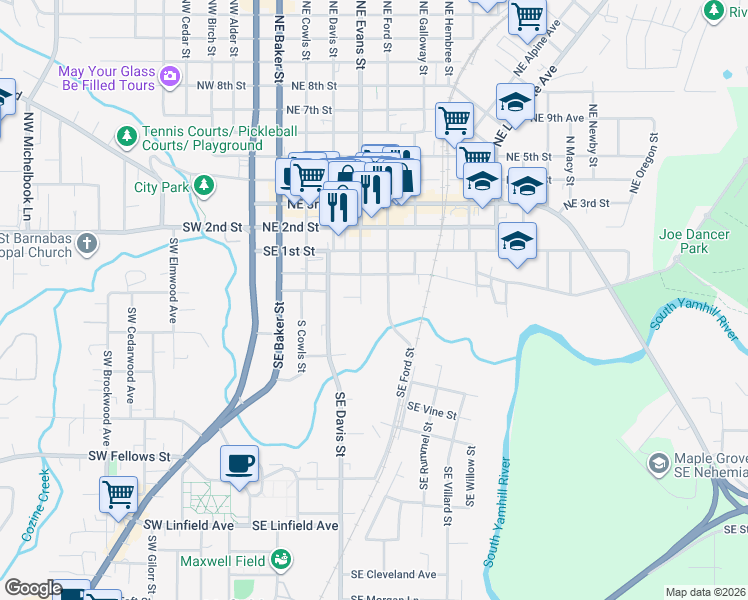 map of restaurants, bars, coffee shops, grocery stores, and more near 230 Southeast Evans Street in McMinnville