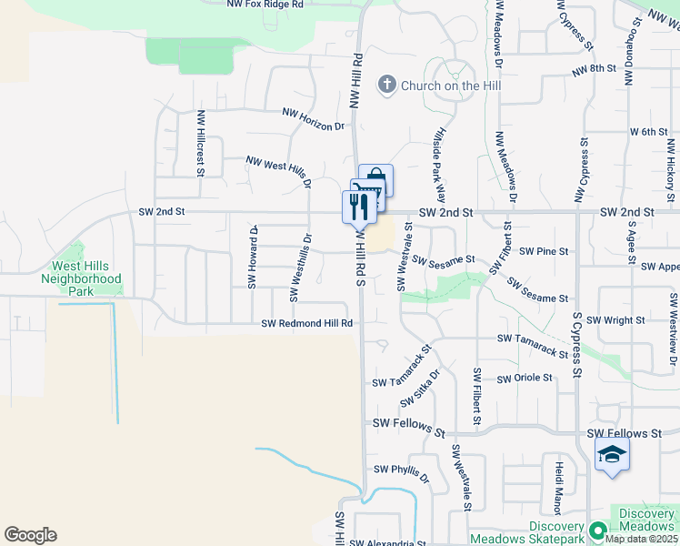 map of restaurants, bars, coffee shops, grocery stores, and more near 345 Southwest Hill Road South in McMinnville