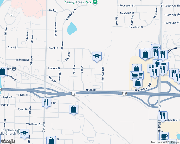 map of restaurants, bars, coffee shops, grocery stores, and more near 1000 Lincoln Street in Anoka